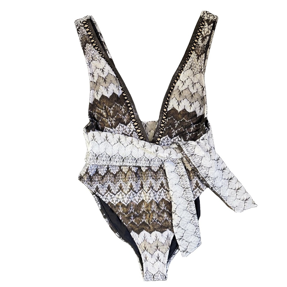 River Island x ASOS Plunge Crochet Trim Swimsuit in Gold White Black NWT